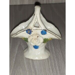 Vtg Miniature Porcelain Rose And Blue Flowers Basket 3"H Gold Trim Japan Petite